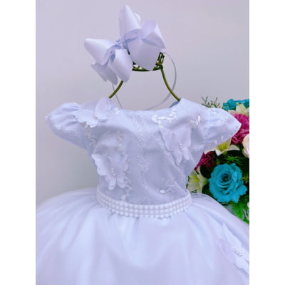 Vestido Infantil Branco Pérolas Renda Aplique Borboletas