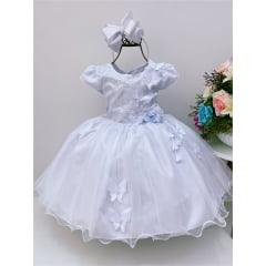 Vestido Infantil Branco Renda Aplique Borboletas Brilho Luxo