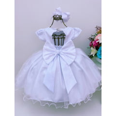 Vestido Infantil Branco Renda Aplique Pérolas Batizado Luxo