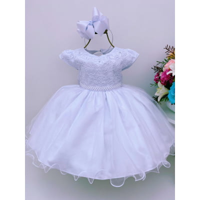 Vestido Infantil Branco Renda Aplique Pérolas Batizado Luxo