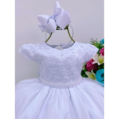 Vestido Infantil Branco Renda Aplique Pérolas Batizado Luxo