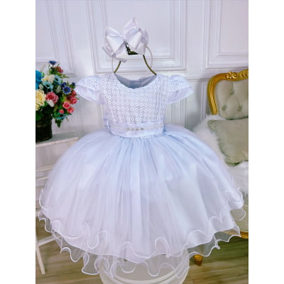 Vestido Infantil Branco Renda C/ Cinto Pérolas Strass Luxo