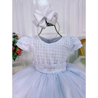 Vestido Infantil Branco Renda C/ Cinto Pérolas Strass Luxo