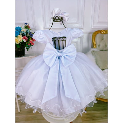Vestido Infantil Branco Renda C/ Cinto Pérolas Strass Luxo