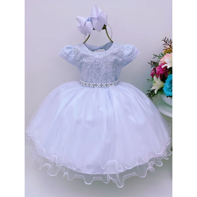 Vestido Infantil Branco Voal Busto Lantejoulas Cinto Pérolas