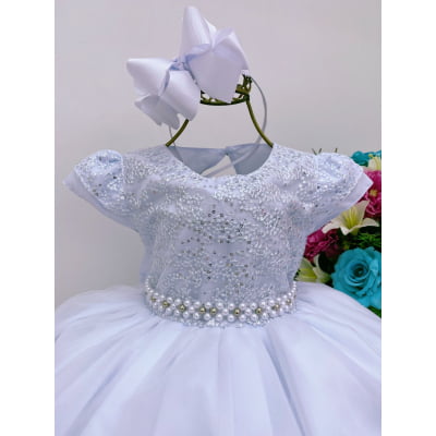 Vestido Infantil Branco Voal Busto Lantejoulas Cinto Pérolas