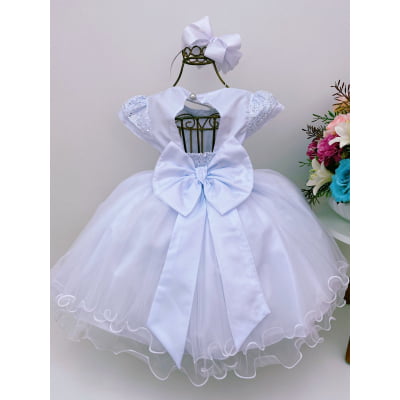 Vestido Infantil Branco Voal Busto Lantejoulas Cinto Pérolas