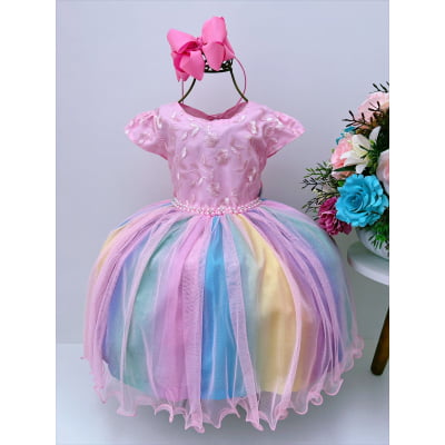 Vestido Infantil Chuva de Amor Arco Iris Colorido Festas