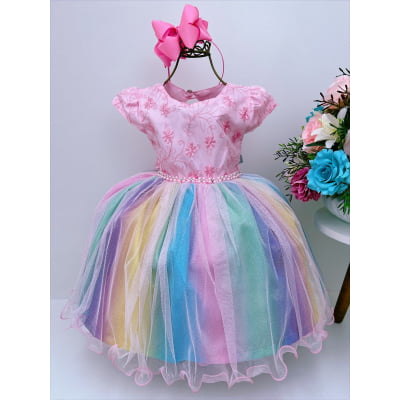 Vestido Infantil Chuva de Amor Arco Iris Colorido Festas