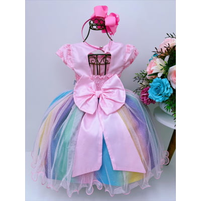 Vestido Infantil Chuva de Amor Arco Iris Colorido Festas