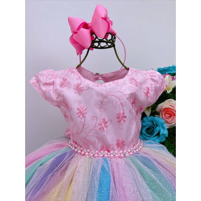 Vestido Infantil Chuva de Amor Arco Iris Colorido Festas