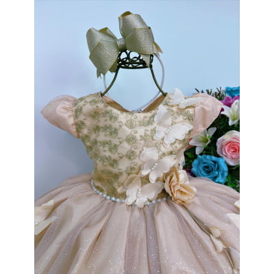 Vestido Infantil Dourado Aplique de Borboletas Renda Flor