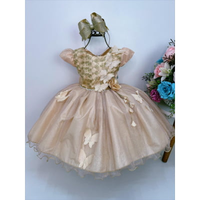Vestido Infantil Dourado Aplique de Borboletas Renda Flor