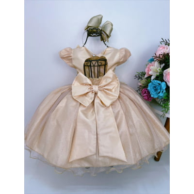 Vestido Infantil Dourado Aplique de Borboletas Renda Flor