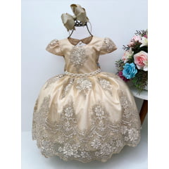 Vestido Infantil Dourado C/ Renda Cinto de Pérolas Daminhas