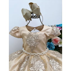Vestido Infantil Dourado C/ Renda Cinto de Pérolas Daminhas