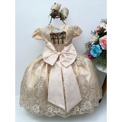 Vestido Infantil Dourado C/ Renda Cinto de Pérolas Daminhas