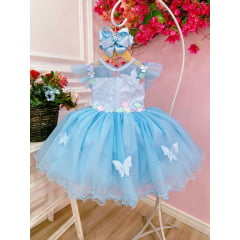 Vestido Infantil Jardim Encantado Azul C/ Aplique Pérolas