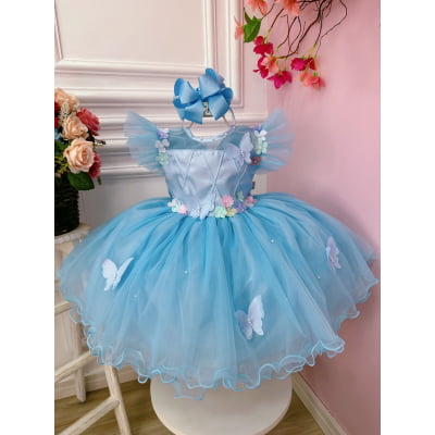 Vestido Infantil Jardim Encantado Azul C/ Aplique Pérolas