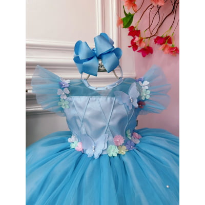 Vestido Infantil Jardim Encantado Azul C/ Aplique Pérolas