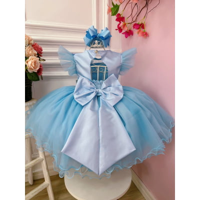 Vestido Infantil Jardim Encantado Azul C/ Aplique Pérolas