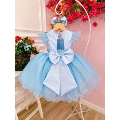 Vestido Infantil Jardim Encantado Azul C/ Aplique Pérolas