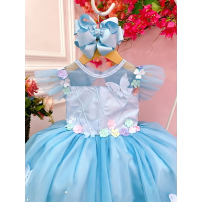 Vestido Infantil Jardim Encantado Azul C/ Aplique Pérolas