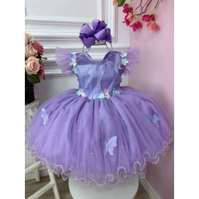 Vestido Infantil Jardim Encantado Lilás C/ Aplique Pérolas