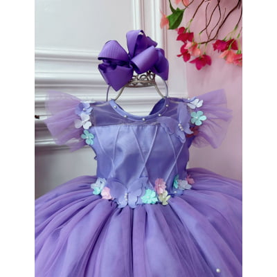 Vestido Infantil Jardim Encantado Lilás C/ Aplique Pérolas
