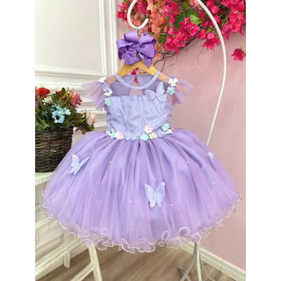 Vestido Infantil Jardim Encantado Lilás C/ Aplique Pérolas