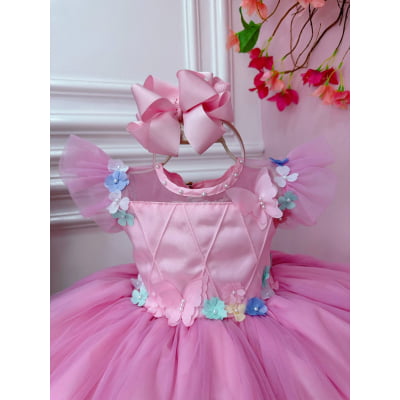 Vestido Infantil Jardim Encantado Rosa C/ Aplique Pérolas
