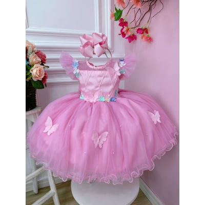Vestido Infantil Jardim Encantado Rosa C/ Aplique Pérolas