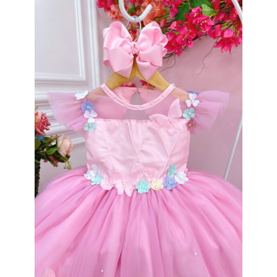 Vestido Infantil Jardim Encantado Rosa C/ Aplique Pérolas