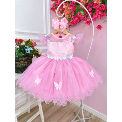 Vestido Infantil Jardim Encantado Rosa C/ Aplique Pérolas