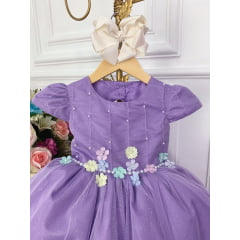 Vestido Infantil Lilás C/ Aplique de Flores Glitter Pérolas