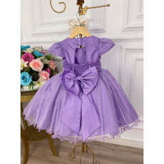 Vestido Infantil Lilás C/ Aplique de Flores Glitter Pérolas