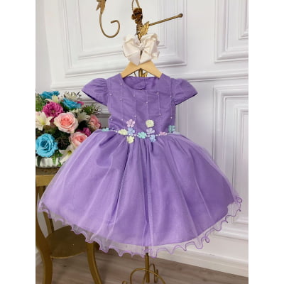 Vestido Infantil Lilás C/ Aplique de Flores Glitter Pérolas