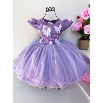 Vestido Infantil Lilás Pérolas Renda Aplique Borboletas