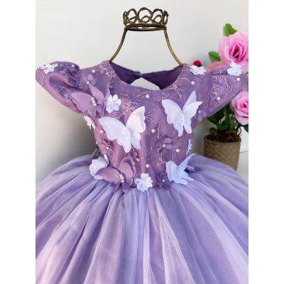 Vestido Infantil Lilás Pérolas Renda Aplique Borboletas
