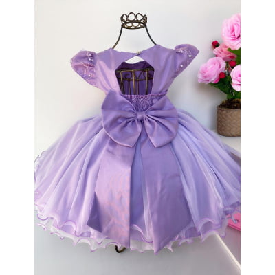 Vestido Infantil Lilás Pérolas Renda Aplique Borboletas