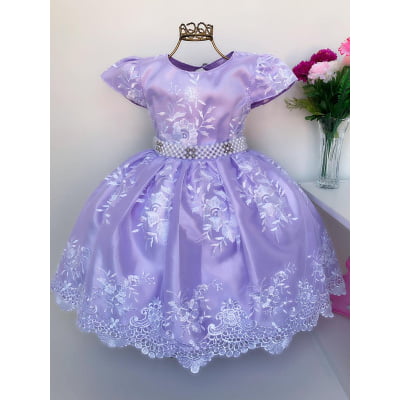 Vestido Infantil Lilás Realeza Renda Branca Aniversário Dama