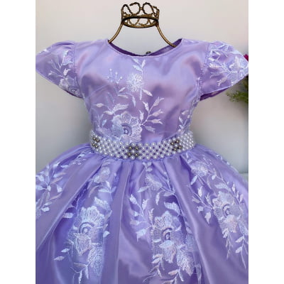 Vestido Infantil Lilás Realeza Renda Branca Aniversário Dama