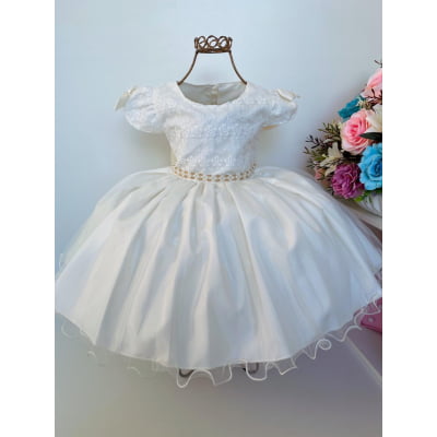Vestido Infantil Marfim Renda e Voal Luxo Festas