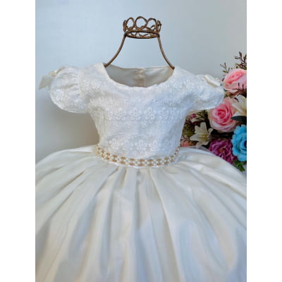 Vestido Infantil Marfim Renda e Voal Luxo Festas