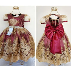 Vestido Infantil Marsala Realeza Renda Dourada Cinto Luxo