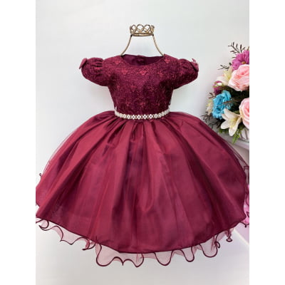 Vestido Infantil Marsala Renda e Voal Luxo Festas