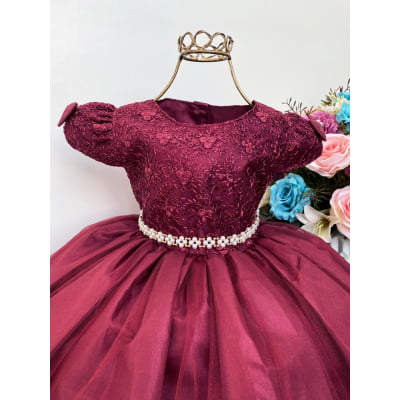 Vestido Infantil Marsala Renda e Voal Luxo Festas