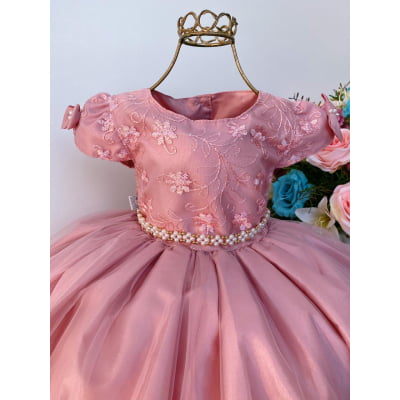 Vestido Infantil Nude Renda e Voal Luxo Festas
