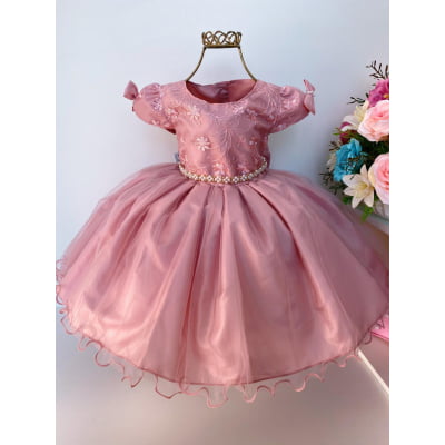 Vestido Infantil Nude Renda e Voal Luxo Festas