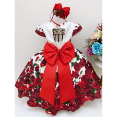 Vestido Infantil Off Flores Vermelhas Luxo Festas